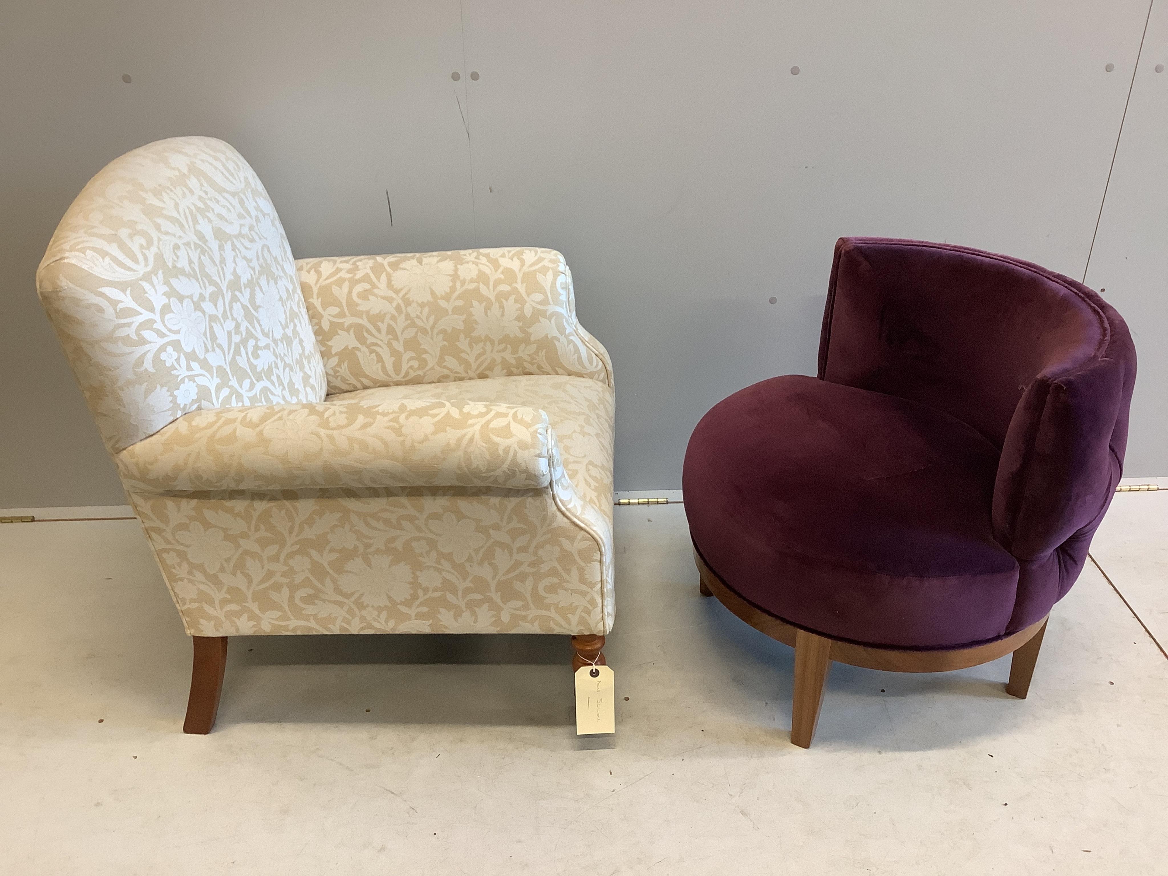 A modern Victorian style upholstered armchair together with a Contemporary mauve velvet tub chair. Condition - good